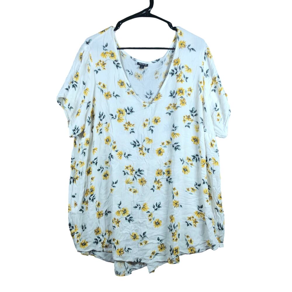 Torrid Womens Shirt White Yellow Floral V Neck Short Sleeve 100% Rayon 4